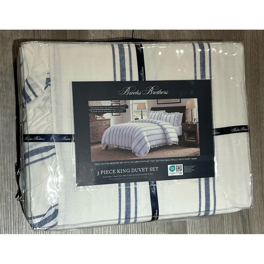 Brooks Brothers White Blue Striped Cotton Ruffled 3 Pc King Duvet Set New
